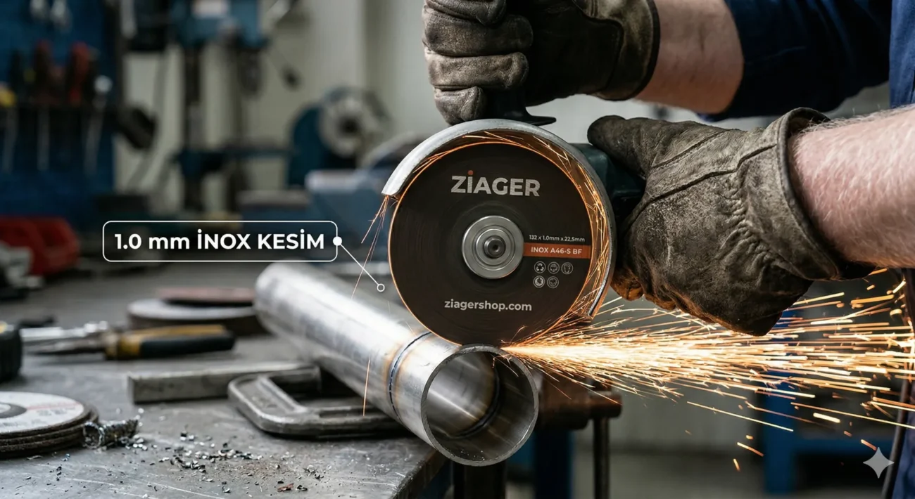 1.0 mm ince inox kesici taş ile paslanmaz çelik kesim işlemi.