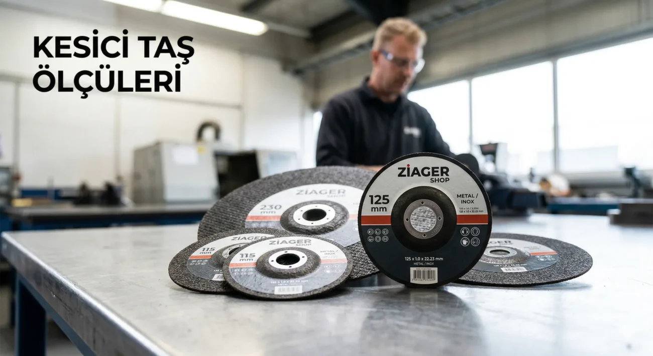 Farklı ebatlardaki endüstriyel kesici taş ölçüleri ve avuç taşlama diskleri.